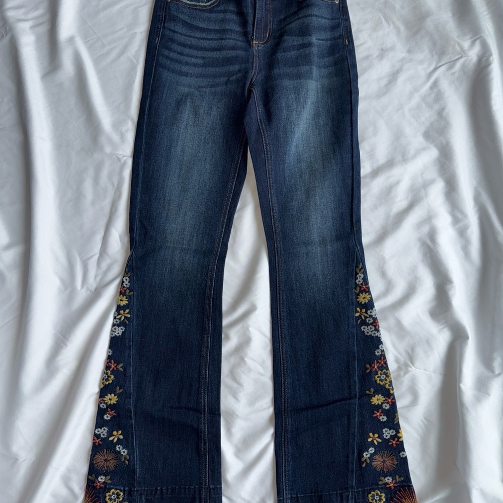 Ashley Mason Dark Blue Flare Jeans with Floral Embroidery